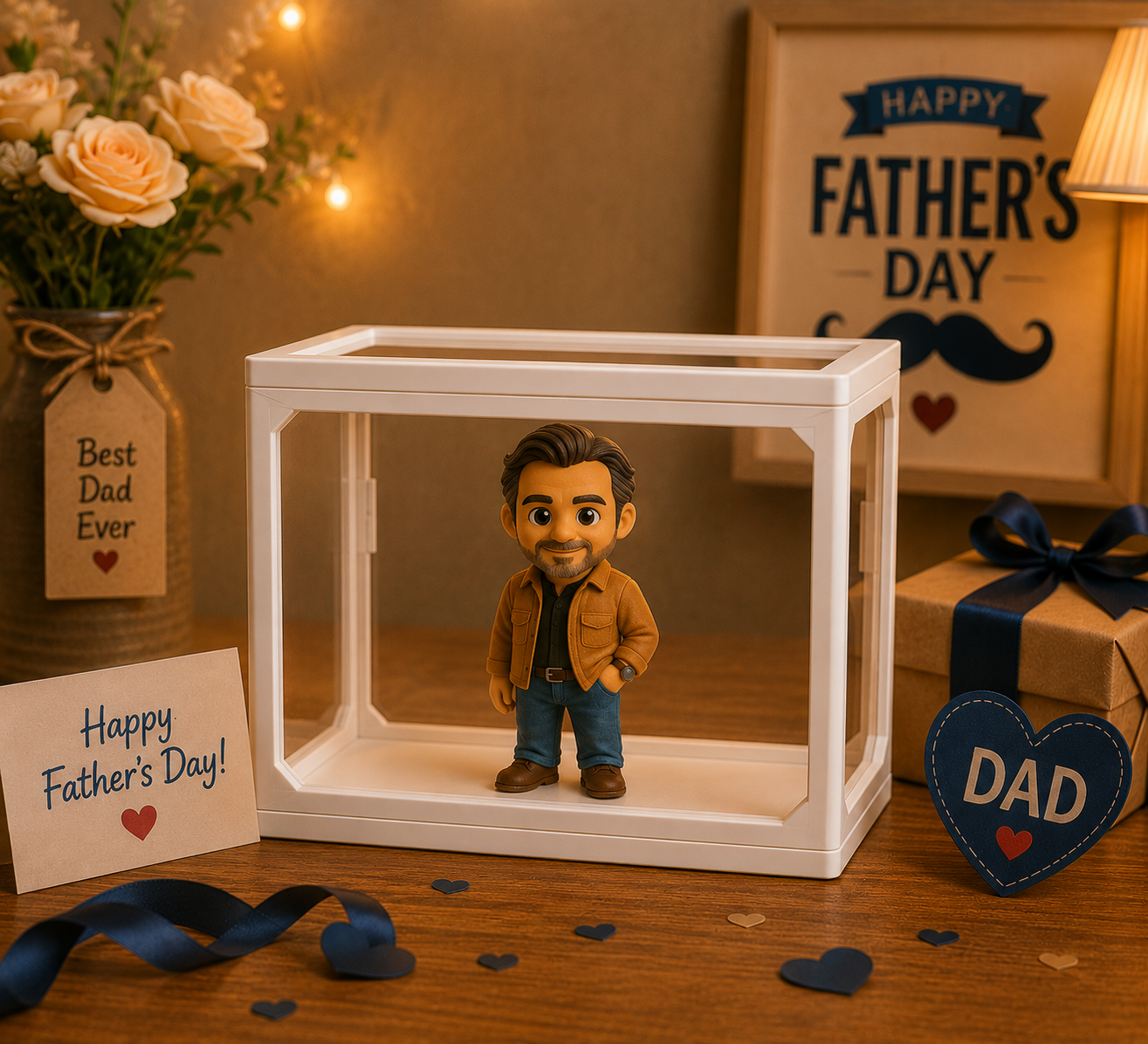 Figurine 3D personnalisée à partir d'une photo, boîte de rangement en verre haute clarté, mini figurine personnalisée, cadeau parfait pour la fête des pères pour papa - 