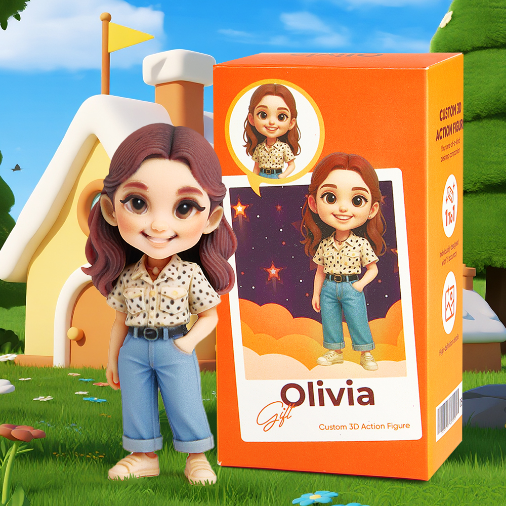 Custom Cartoon 3D Figurine Personalized Girl Mini Action Figure Based on Photo with Name Box Cute Collectible Gift for Her Birthday or Desk Decor