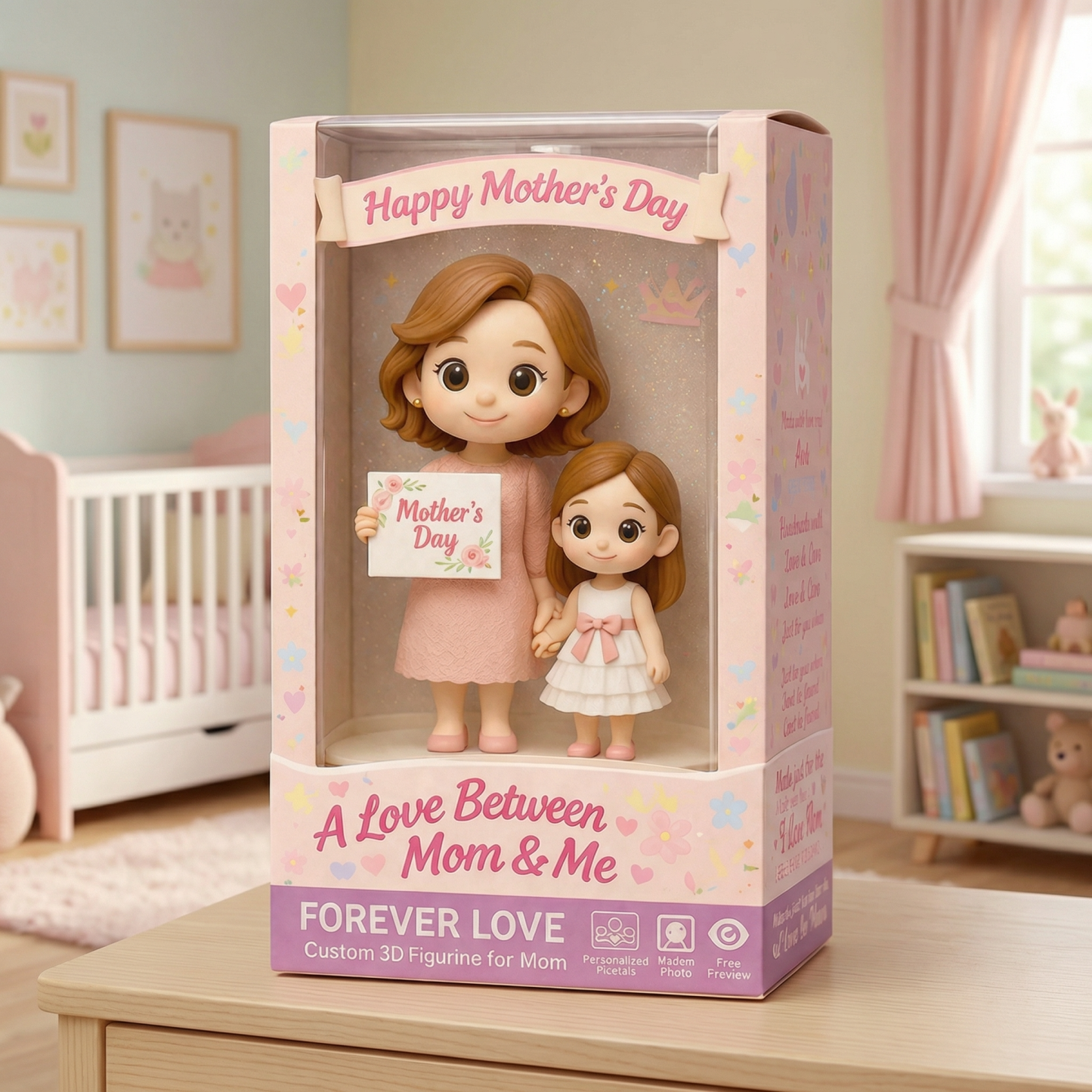 Figurine 3d Personnalisée De Style Chibi, Réalisée À Partir D'une Photo, Pour La Fête Des Mères. Cadeau Idéal Pour Maman Et Bébé. Coffret Fleuri Inclus. - 
