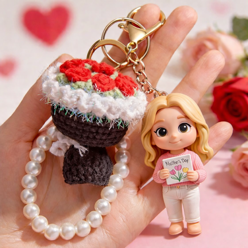 Porte-clés Photo Transformé En Figurine 3d Avec Fleur Au Crochet - Cadeau Mignon Pour La Fête Des Mères - 