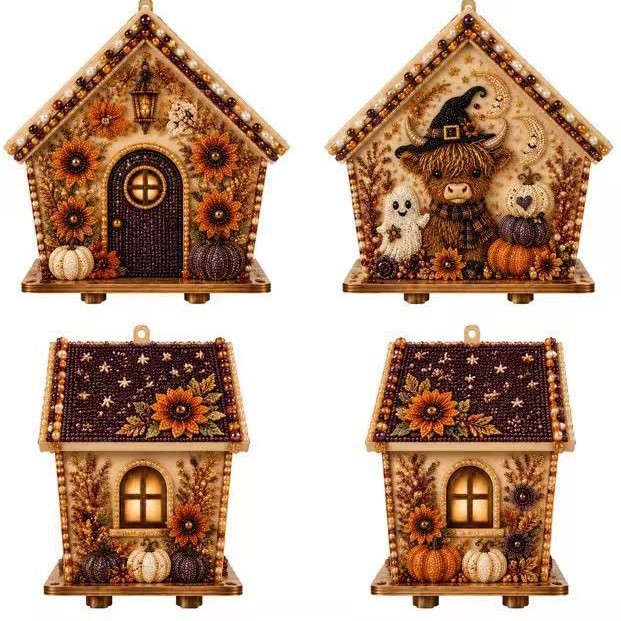 Kit De Peinture Diamant 5D En Bois Représentant Une Maison, à Réaliser Soi-même. Un Cadeau D'Halloween Unique Et Original Avec Des Perles. - 