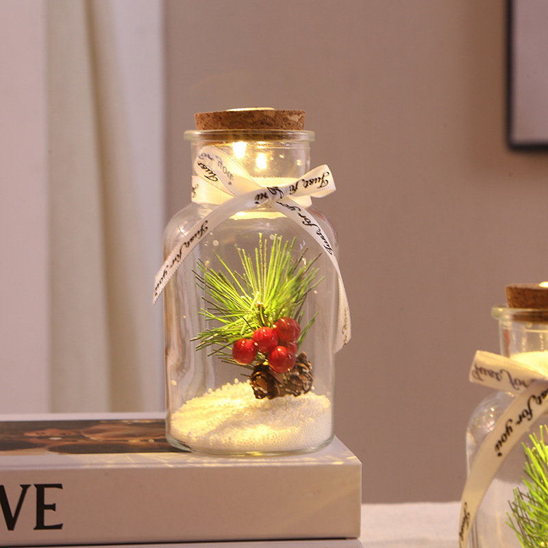 Custom 3D Figure Christmas Glass Wish Bottle Personalized Mini Figure Night Light Ornament with Pine Cone Scene Unique Christmas Gift