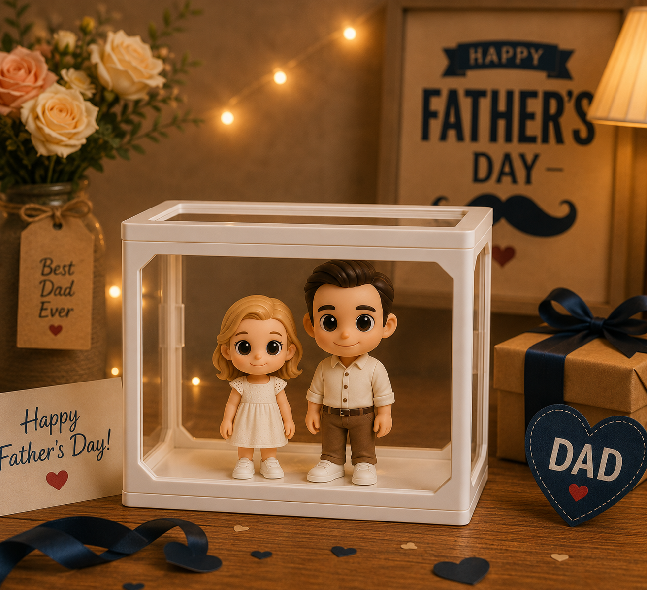 Figurine 3D personnalisée à partir d'une photo, boîte de rangement en verre haute clarté, mini figurine personnalisée, cadeau parfait pour la fête des pères pour papa