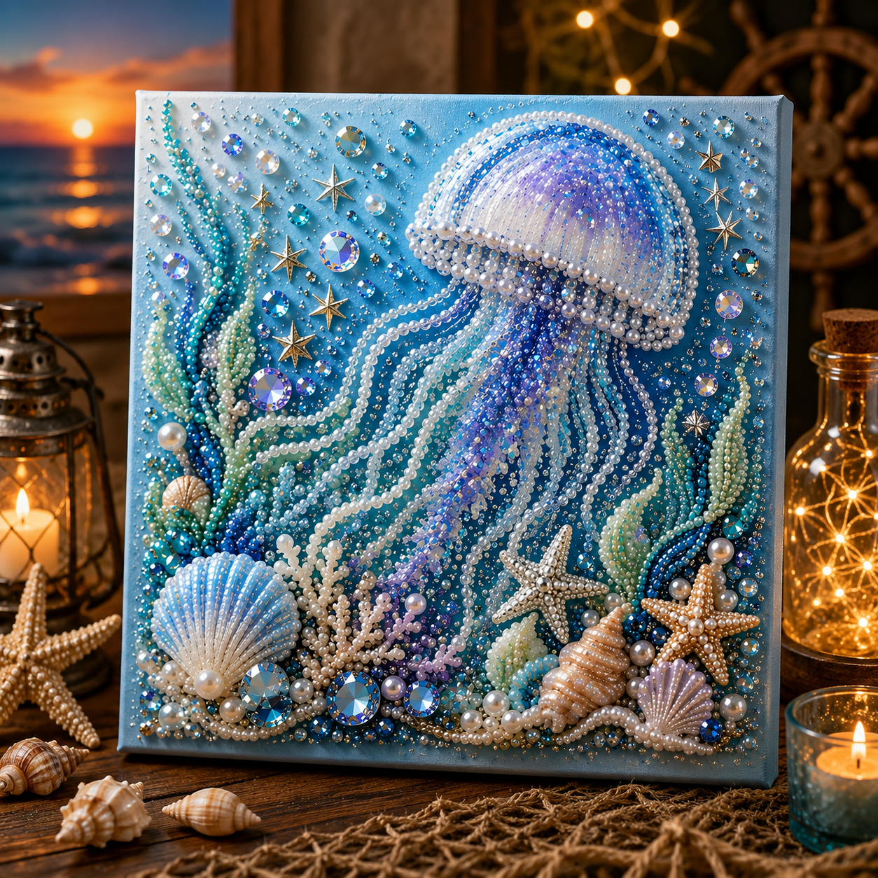 Kit De Mosaïque DIY Perles Et Strass Sur Le Thème De L'océan – Décoration Murale Pieuvre Pour Une Déco Bord De Mer 20*20cm - 