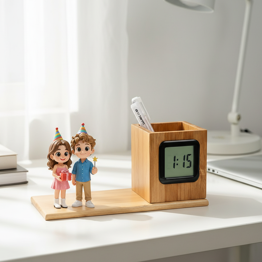Custom 3D Mini Figure Wooden Pen Holder Clock Personalized Desk Organizer with LED Time Display Unique Gift for Birthday