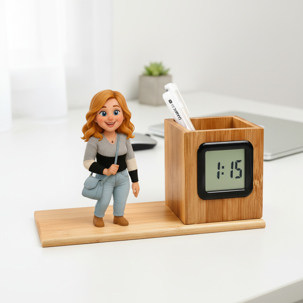 Custom 3D Mini Figure Wooden Pen Holder Clock Personalized Desk Organizer with LED Time Display Unique Gift for Birthday