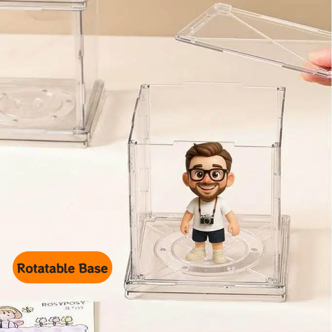 Custom 3D Figurine Acrylic Display Box with Rotatable Base Personalized Mini Figure Gift for Him Her Desk Decor Unique Collectible Keepsake