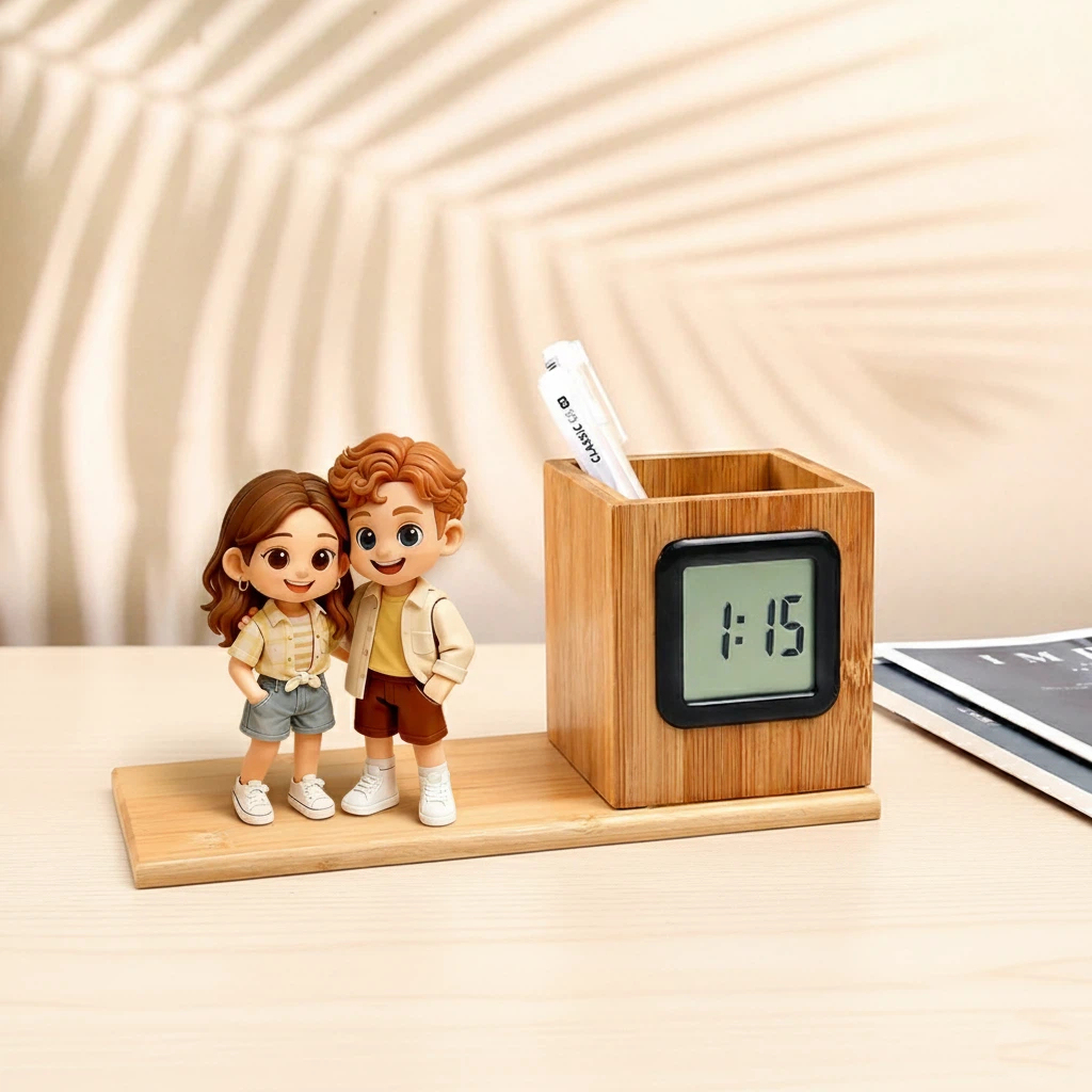 Custom 3D Mini Figure Wooden Pen Holder Clock Personalized Desk Organizer with LED Time Display Unique Gift for Birthday