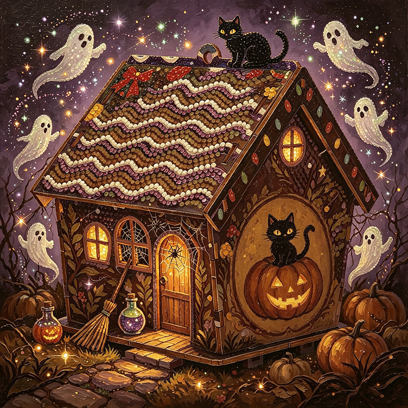 Kit De Peinture Diamant 5D En Bois Représentant Une Maison, à Réaliser Soi-même. Un Cadeau D'Halloween Unique Et Original Avec Des Perles. - 
