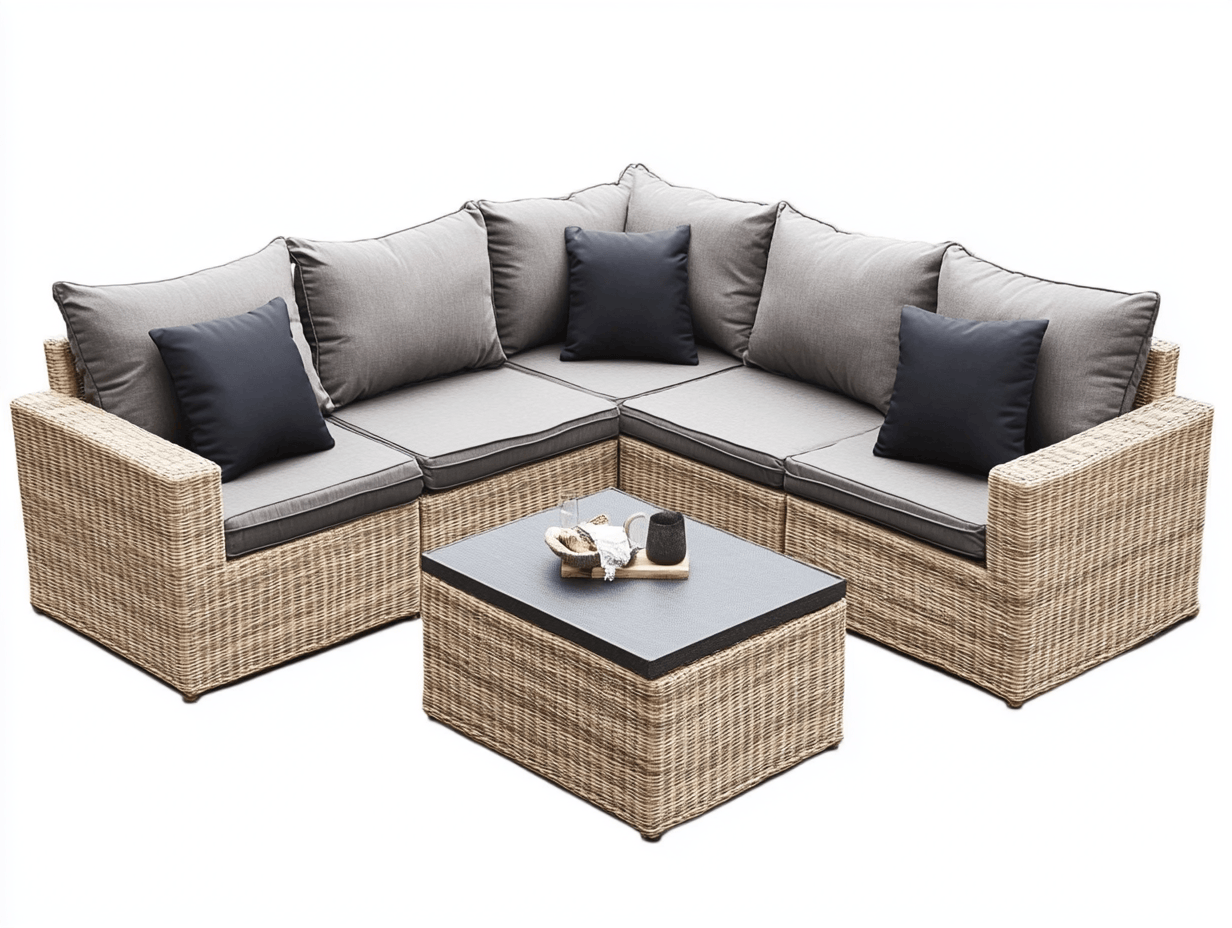 Zestaw narożny ogrodowy z technorattanu – sofa modułowa z poduszkami + stolik kawowy – 210×210×70 cm – beżowo-szary – na taras i ogród-Habitatvo