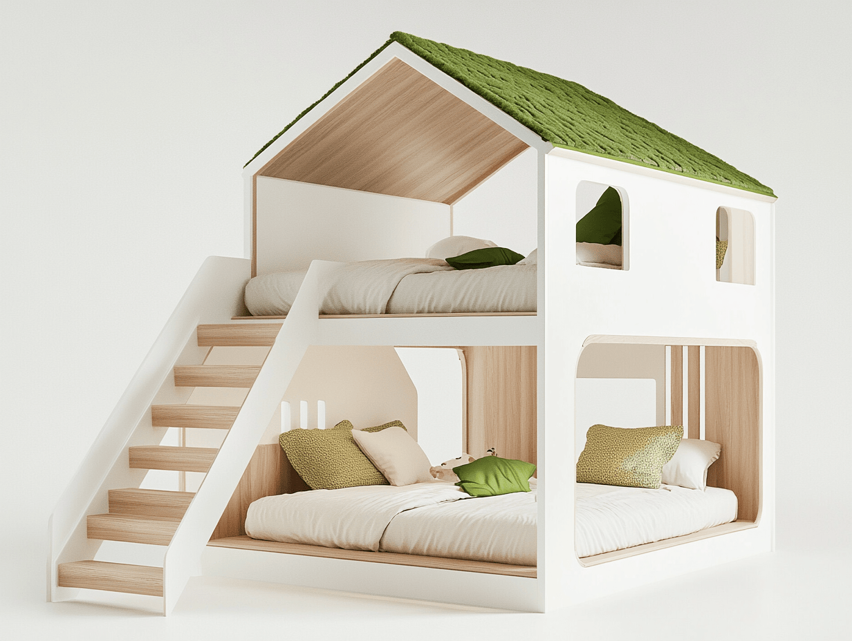 Łóżko piętrowe – drewno sosnowe – 220×160×230 cm – białe/dębowe/zielone – domek dla dzieci-Habitatvo