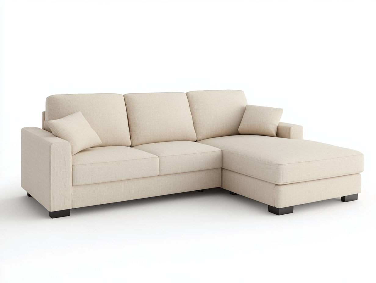 Sofa narożna z tkaniny – 230×150×85 cm – beżowa – z szezlongiem i 2 poduszkami – kompaktowa – nowoczesna-Habitatvo