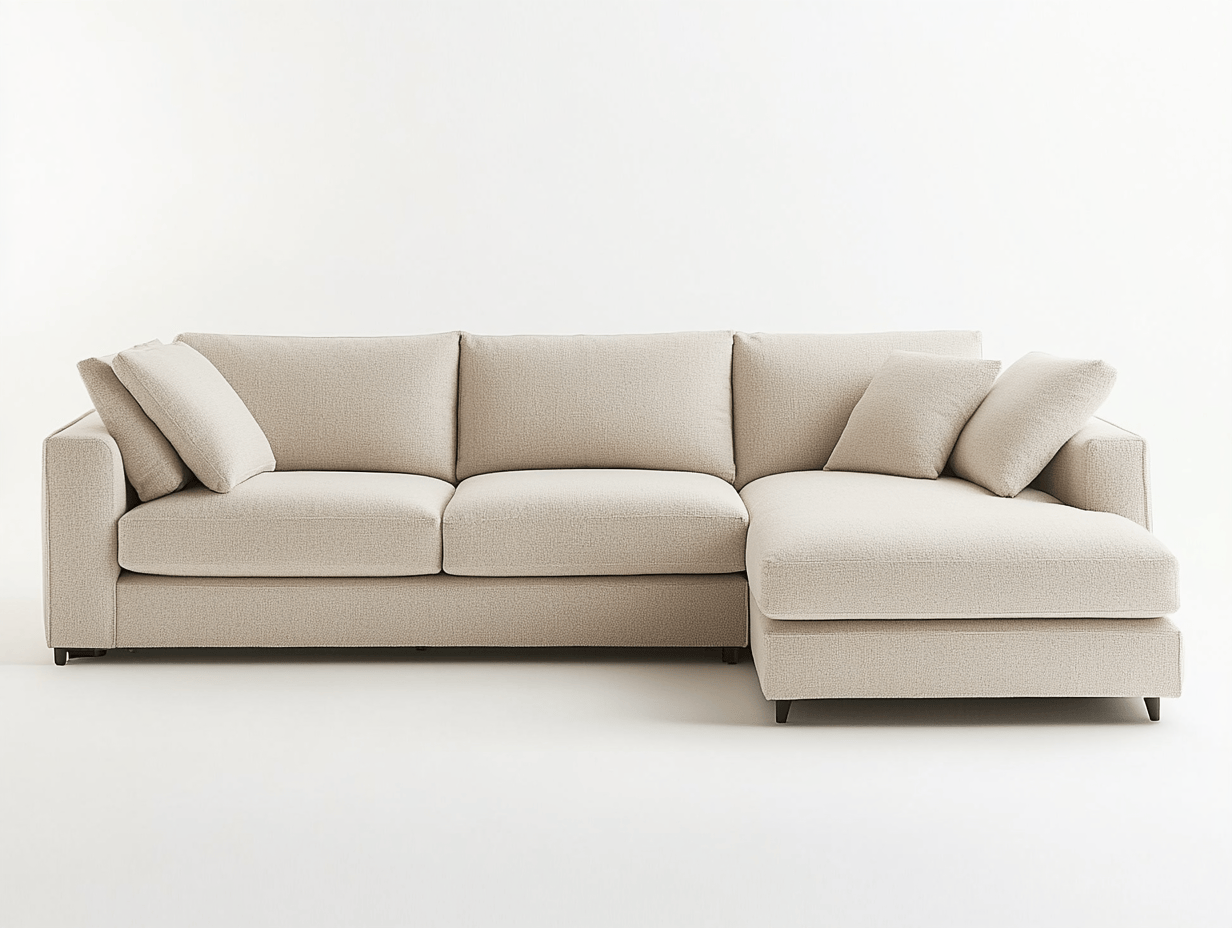 Sofa narożna z tkaniny – 275×160×85 cm – beżowa – z szezlongiem i 4 poduszkami – nowoczesna