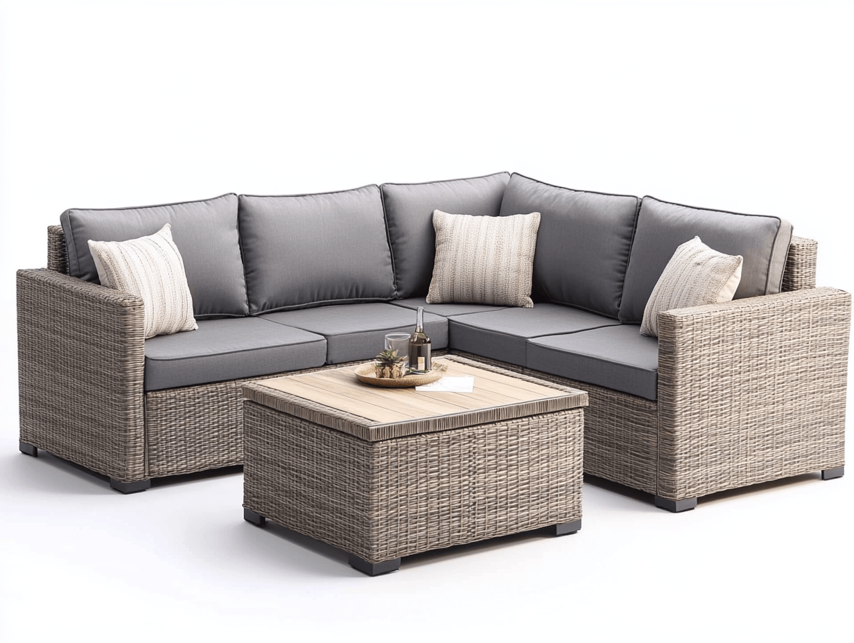 Zestaw narożny ogrodowy z technorattanu – sofa z poduszkami + stolik z drewnianym blatem – 195×195×62 cm – beżowy rattan + szare poduszki – styl skandynawski-Habitatvo