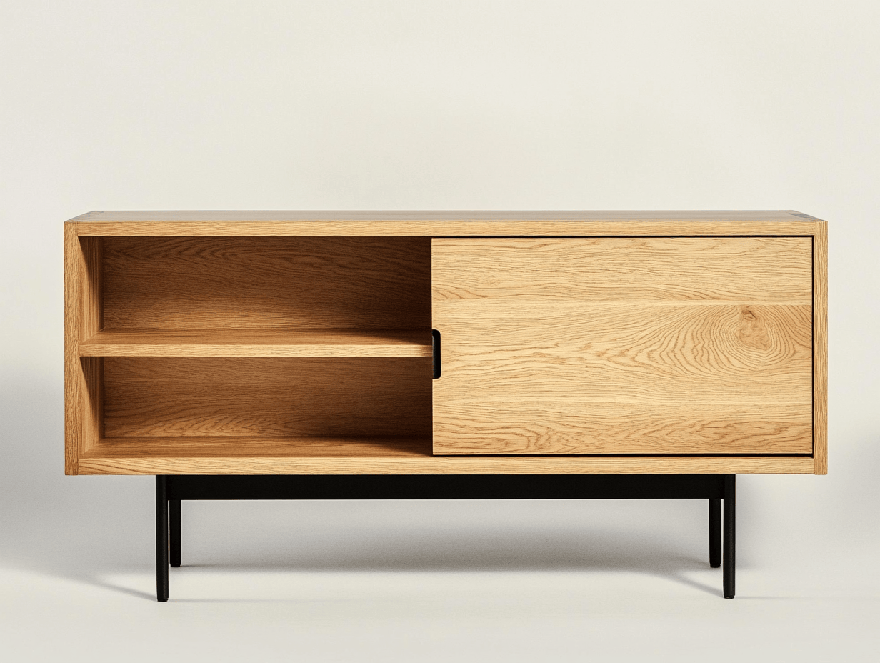 Szafka RTV – jasne drewno – 120×40×55 cm – z półkami i przesuwnymi drzwiczkami – nowoczesna-Habitatvo