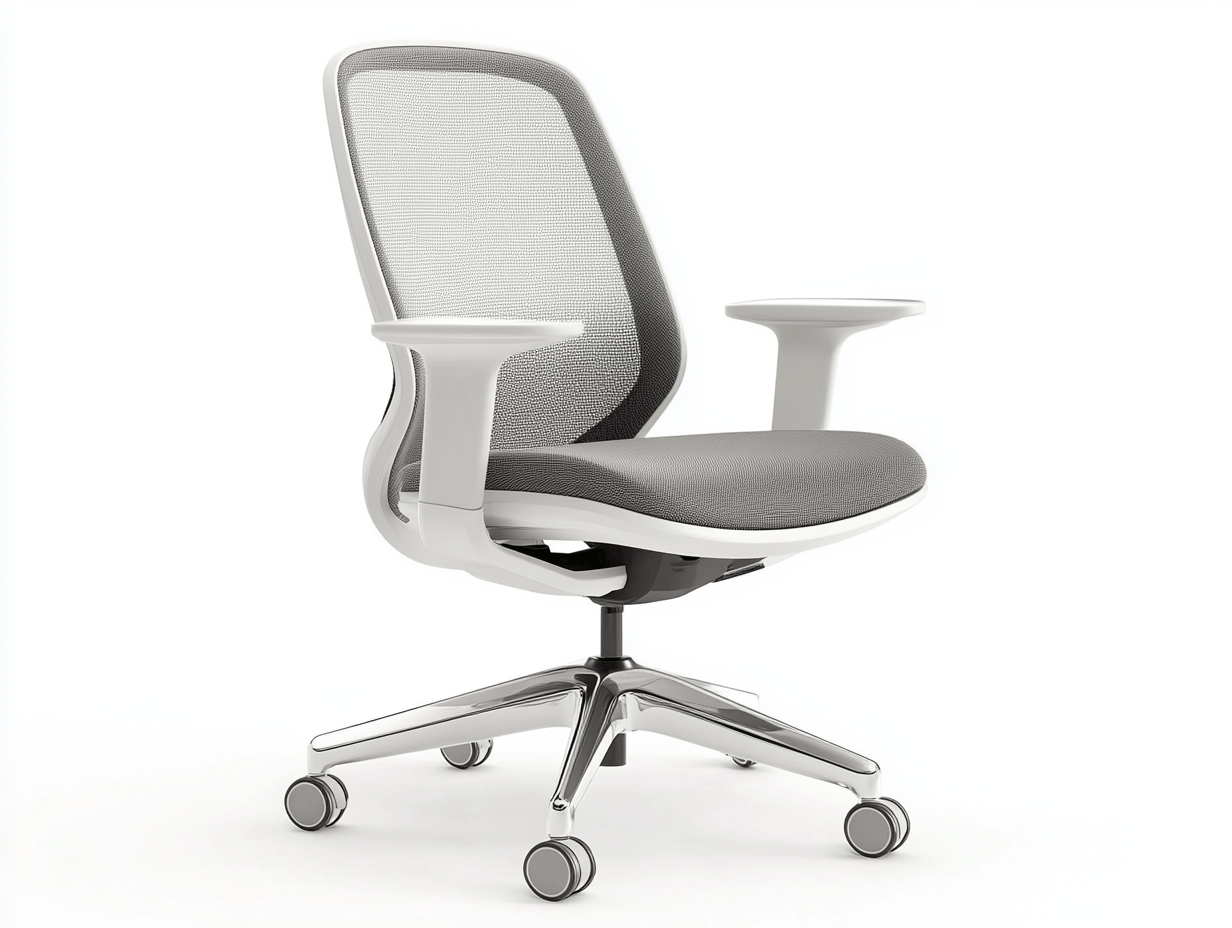 Krzesło biurowe – siatka i tkanina – szare i białe – ergonomiczne z podłokietnikami i kółkami