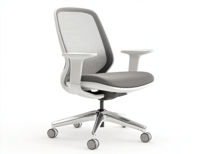 Krzesło biurowe – siatka i tkanina – szare i białe – ergonomiczne z podłokietnikami i kółkami