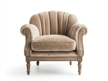 Fotel tapicerowany – welur beżowy – 90×85×100 cm – klasyczny z ozdobnym oparciem-Habitatvo