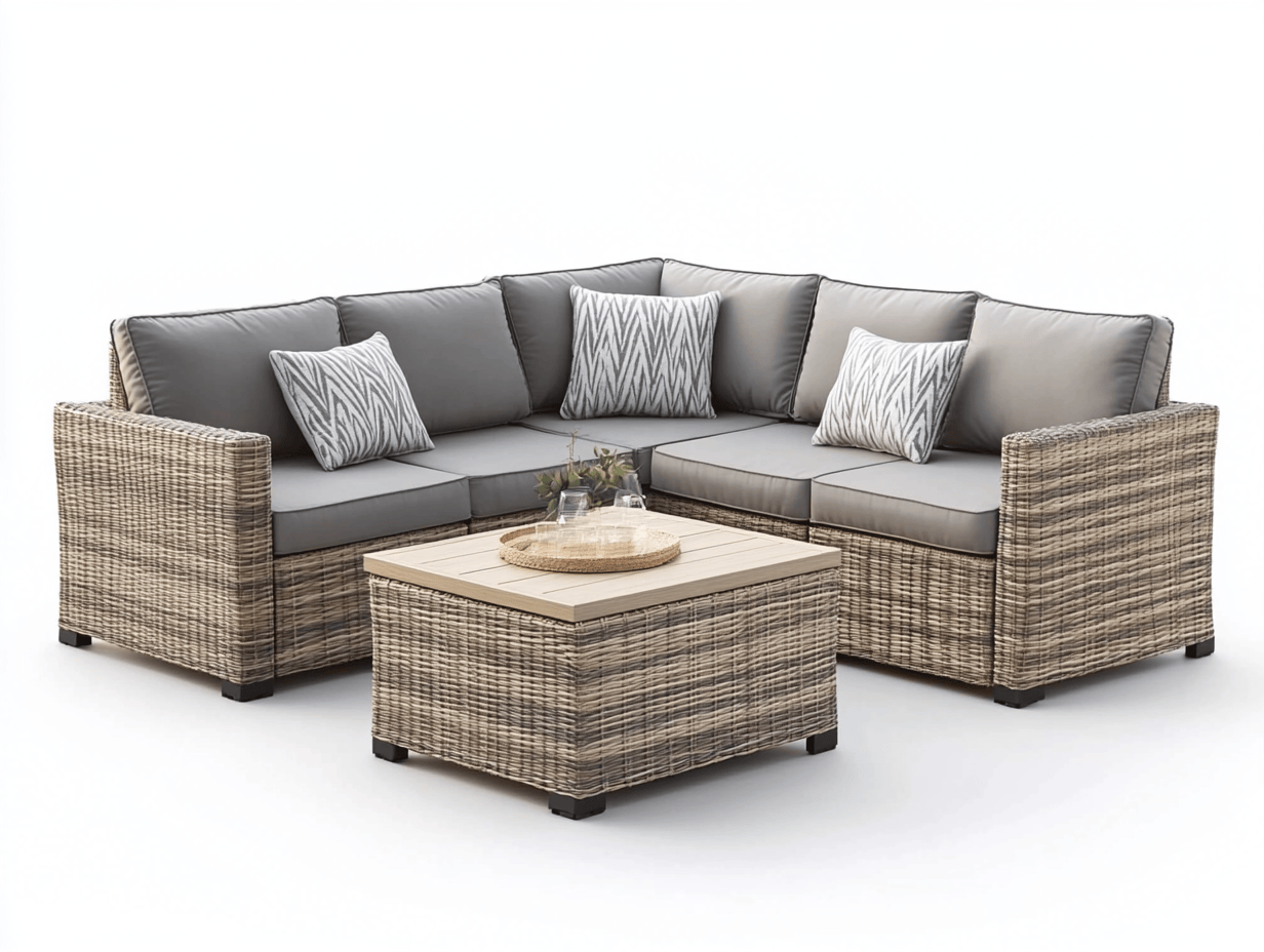 Zestaw wypoczynkowy ogrodowy narożny – sofa z poduszkami + stolik kawowy z drewnianym blatem – 195×195×62 cm – beżowy technorattan + szare poduchy – styl nowoczesny-Habitatvo