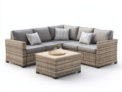 Zestaw wypoczynkowy ogrodowy narożny – sofa z poduszkami + stolik kawowy z drewnianym blatem – 195×195×62 cm – beżowy technorattan + szare poduchy – styl nowoczesny-Habitatvo