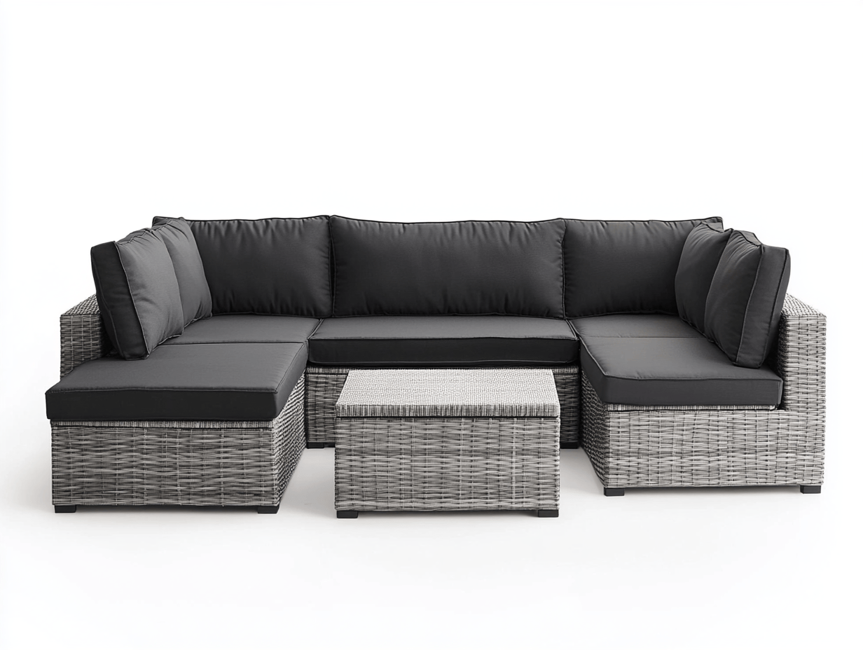 Zestaw wypoczynkowy ogrodowy – technorattan szary – poduszki w kolorze czarnym - Z 4 poduszkami – z narożnikiem i stolikiem – styl nowoczesny-Habitatvo