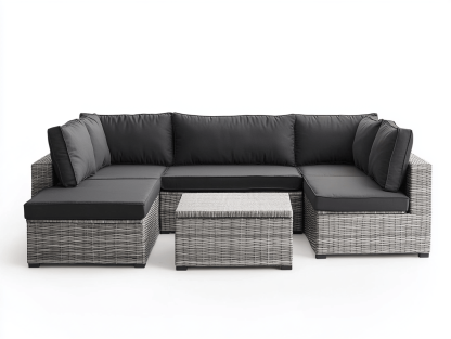 Zestaw wypoczynkowy ogrodowy – technorattan szary – poduszki w kolorze czarnym - Z 4 poduszkami – z narożnikiem i stolikiem – styl nowoczesny-Habitatvo