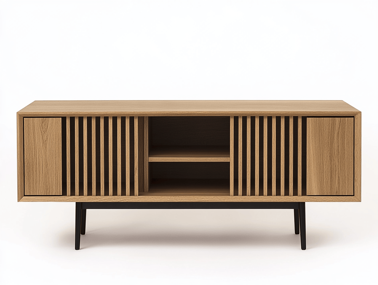 Szafka RTV – drewno dębowe – 140×40×55 cm – lamele pionowe – styl skandynawski-Habitatvo