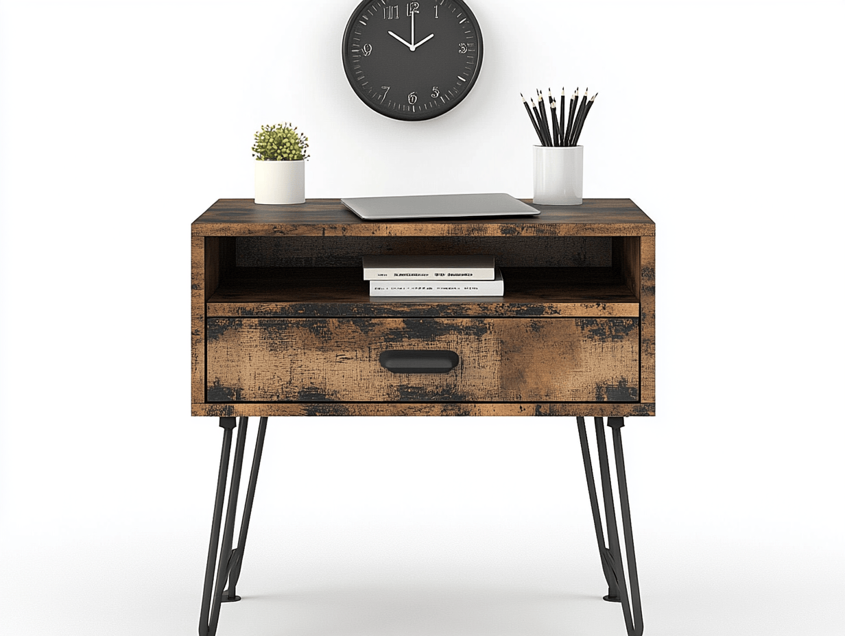 Szafka nocna industrialna z szufladą i otwartą półką – 50×40×60 cm – drewno vintage i metalowe nogi typu „hairpin”-Habitatvo