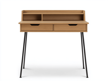 Biurko z płyty MDF i metalu – 2 szuflady + półki – 90×45×100 cm – dąb/czarny – minimalistyczne