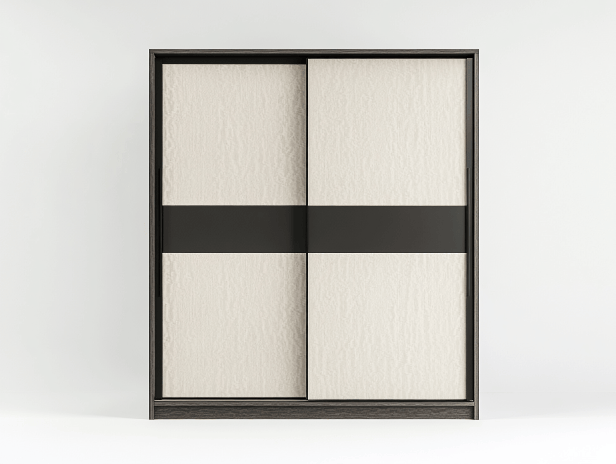 Szafa przesuwna – płyta laminowana – 150×60×200 cm – beżowy/czarny – z drzwiami przesuwnymi i klasycznym układem półek-Habitatvo