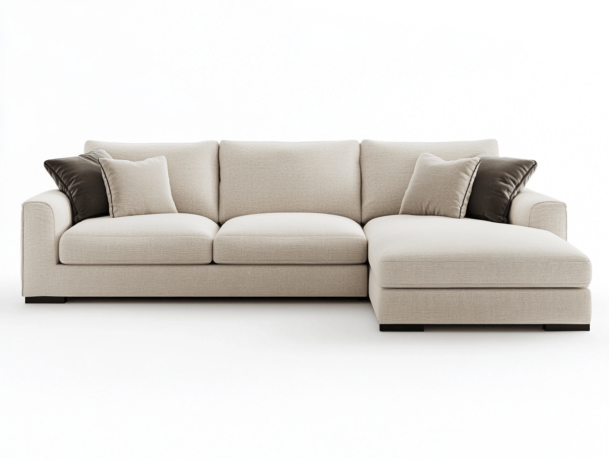 Sofa z szezlongiem z tkaniny - Z 4 poduszkami – 245×160×85 cm – beżowa z ciemnymi poduszkami – nowoczesna forma – 3-osobowa-Habitatvo