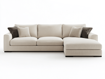 Sofa z szezlongiem z tkaniny - Z 4 poduszkami – 245×160×85 cm – beżowa z ciemnymi poduszkami – nowoczesna forma – 3-osobowa-Habitatvo