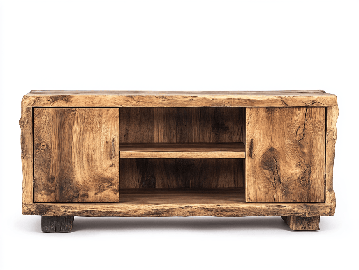 Szafka RTV z litego drewna – 2 drzwi i półki – 140×40×50 cm – drewno naturalne – styl organiczny