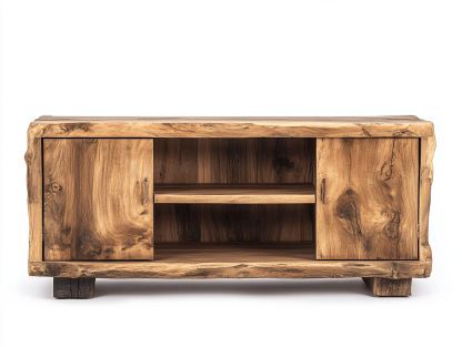 Szafka RTV z litego drewna – 2 drzwi i półki – 140×40×50 cm – drewno naturalne – styl organiczny