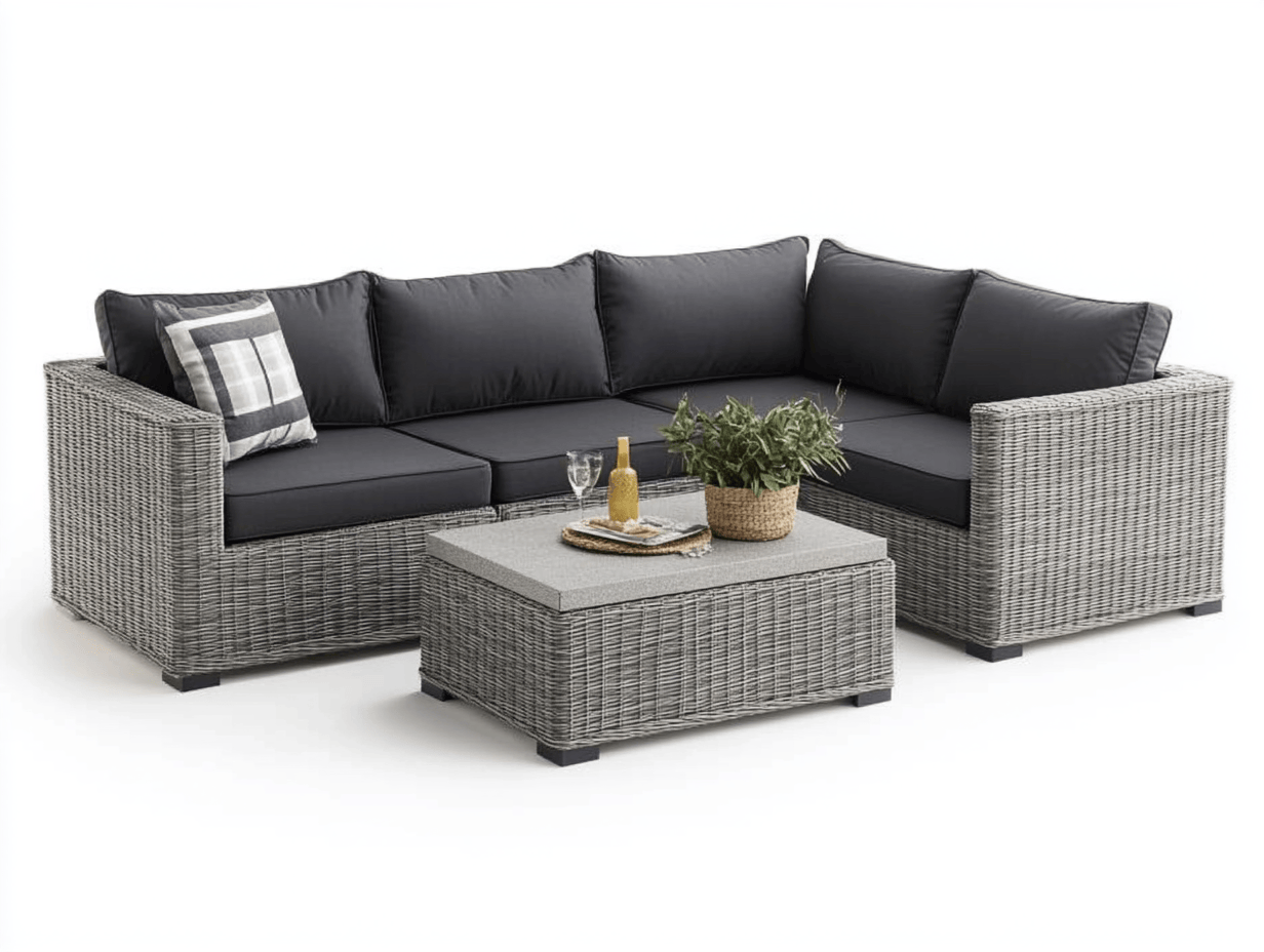 Zestaw wypoczynkowy ogrodowy – technorattan szary – poduszki w kolorze czarnym - Z 6 poduszkami – z narożnikiem, stolikiem i dekoracyjną poduszką – styl nowoczesny-Habitatvo