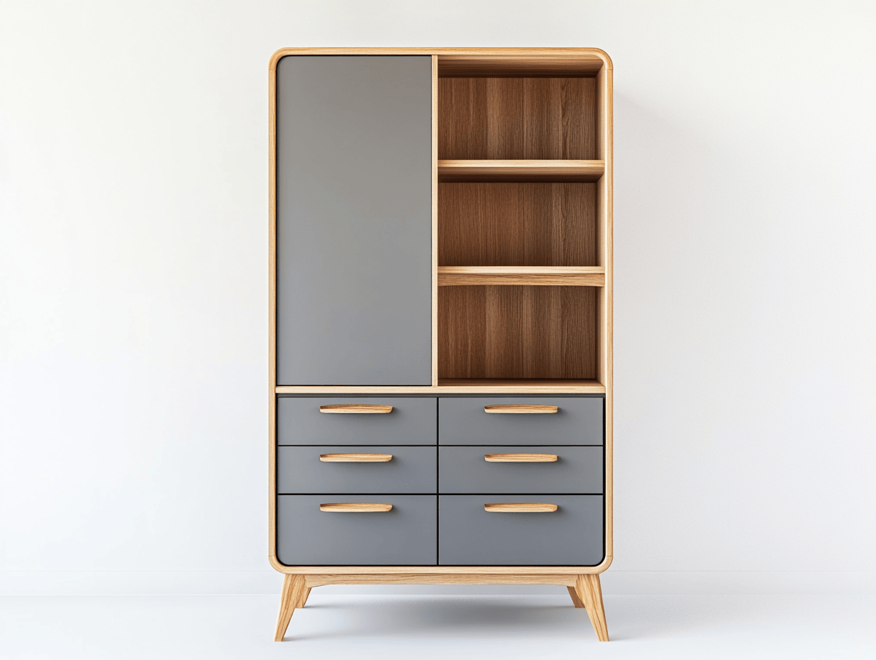 Szafka z szufladami i półkami – 6 szuflad + drzwi + 3 półki – 90×40×160 cm – grafitowa z dębowym wykończeniem – nowoczesna do salonu-Habitatvo