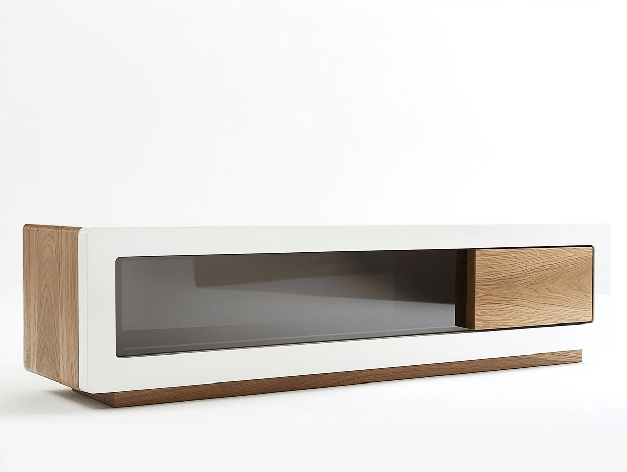 Szafka RTV – biały połysk i drewno dębowe – z szybą – 150×40×45 cm – nowoczesna forma-Habitatvo