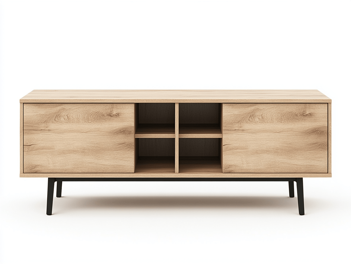 Szafka RTV – jasny dąb – 130×40×55 cm – z półkami i drzwiczkami – styl skandynawski-Habitatvo