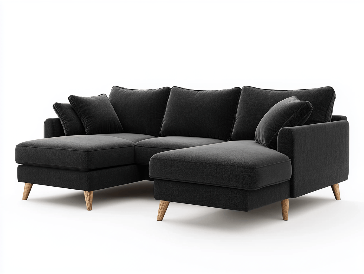 Sofa narożna z szezlongiem – tkanina czarna - Z 3 poduszkami – 245×160×85 cm – drewniane nogi – styl skandynawski-Habitatvo