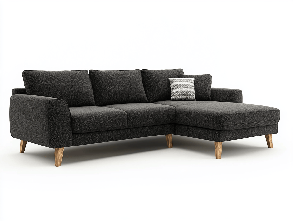 Sofa z szezlongiem – tkanina antracytowa - Z 2 poduszkami – 230×150×85 cm – drewniane nogi – styl nowoczesny-Habitatvo