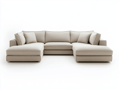 Sofa narożna z tkaniny – 300×190×88 cm – beżowa – z podwójnym szezlongiem i 4 poduszkami – nowoczesna-Habitatvo