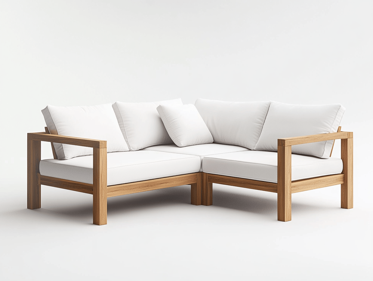 Narożna sofa ogrodowa z drewna tekowego – 3-osobowa – z 5 poduszki białe – 165×165×75 cm – nowoczesna-Habitatvo