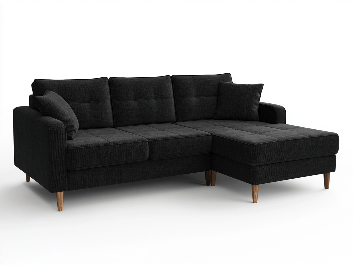 Sofa narożna z szezlongiem – czarna tkanina - Z 2 poduszkami – 220×140×85 cm – pikowane siedziska – styl skandynawski-Habitatvo