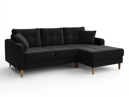 Sofa narożna z szezlongiem – czarna tkanina - Z 2 poduszkami – 220×140×85 cm – pikowane siedziska – styl skandynawski-Habitatvo