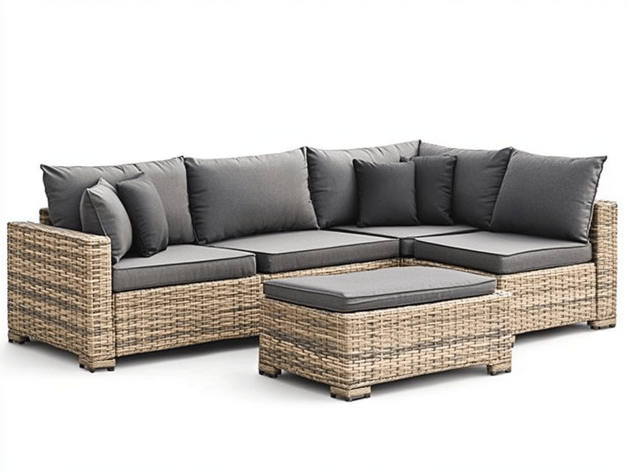 Zestaw narożny ogrodowy z technorattanu – sofa modułowa z poduchami + puf – 200×200×65 cm – beżowo-ciemnoszary – nowoczesny styl-Habitatvo