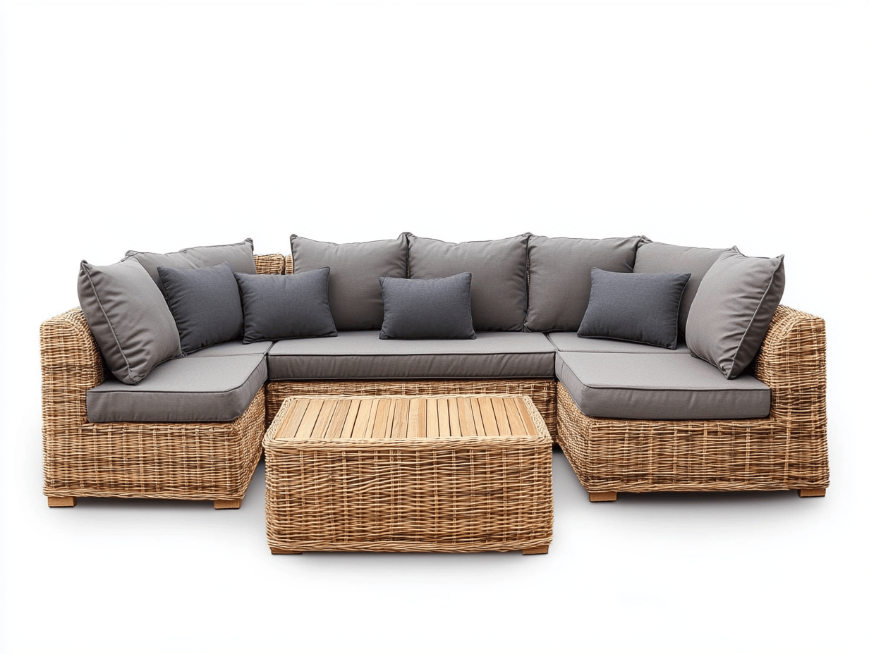 Zestaw narożny ogrodowy z technorattanu – sofa modułowa z poduszkami + stolik z drewnianym blatem – 210×210×65 cm – naturalny rattan + ciemnoszary – styl skandynawski-Habitatvo