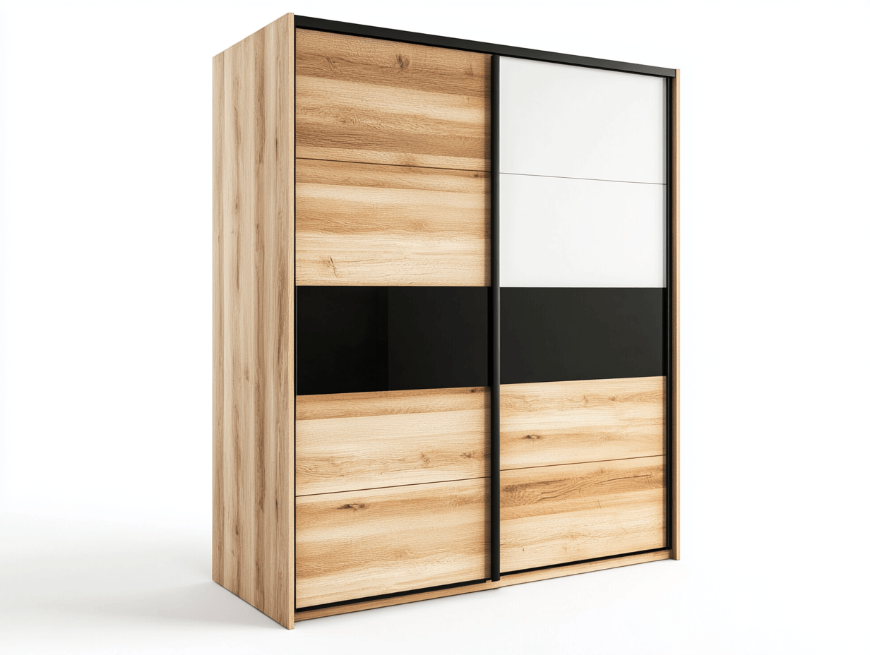 Szafa przesuwna – płyta laminowana – 150×60×200 cm – dąb/biały/czarny – z drzwiami przesuwnymi i systemem półek-Habitatvo