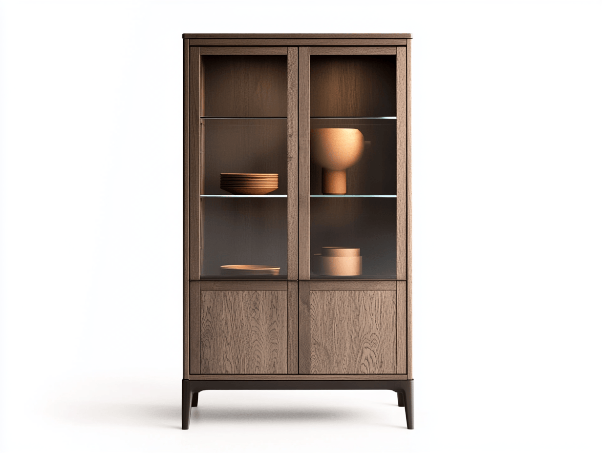 Witryna z płyty i szkła – 2 drzwi – 85×40×185 cm – brązowy dąb i szkło – z półkami – styl klasyczny-Habitatvo