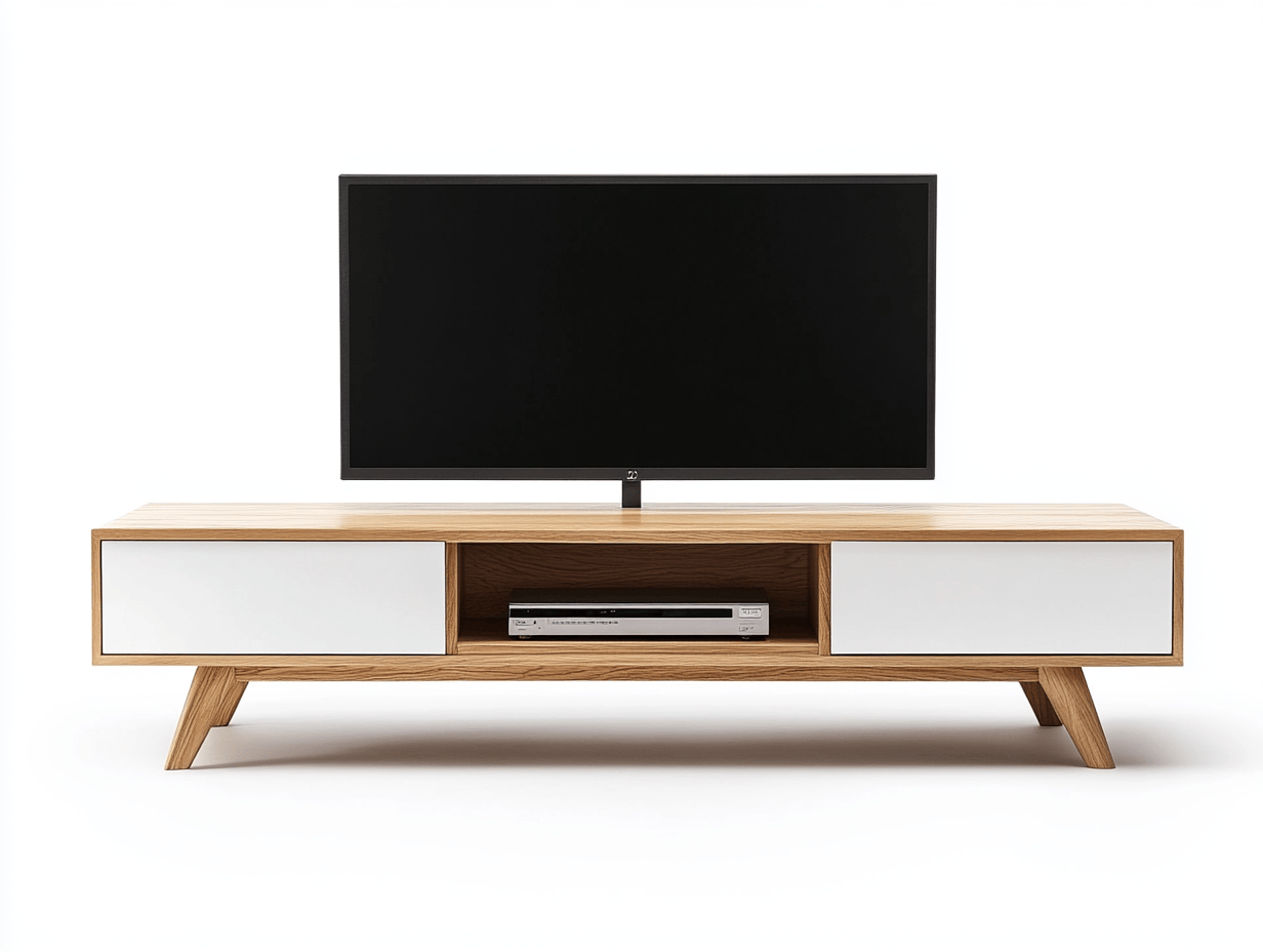 Szafka RTV – białe fronty i dąb – 2 szafki i otwarta półka – 150×40×50 cm – styl retro-skandynawski-Habitatvo