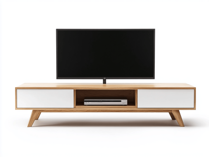 Szafka RTV – białe fronty i dąb – 2 szafki i otwarta półka – 150×40×50 cm – styl retro-skandynawski-Habitatvo